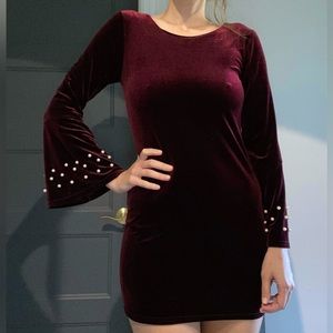 Velvet Burgundy Dress with Pearl Long Sleeves | Small & Short